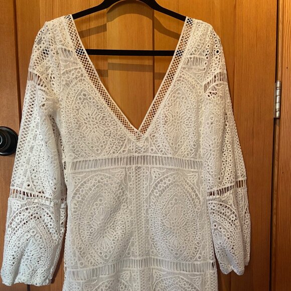 Boho Beach Hut White Lace Backless Mini Dress Bathing Suit Cover Up Sz M NWT - Picture 2 of 6